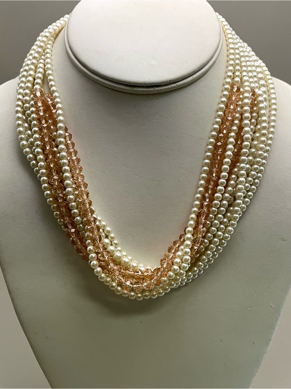 Vintage 8 Strand Pearl Choker Necklace | Faux Pearl & Champagne Pink Crystal - Picture 2 of 5